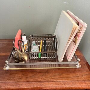 Vntg Mid Century Lucite Letter Holder Silver Tone Metal Mail Organizer Desk